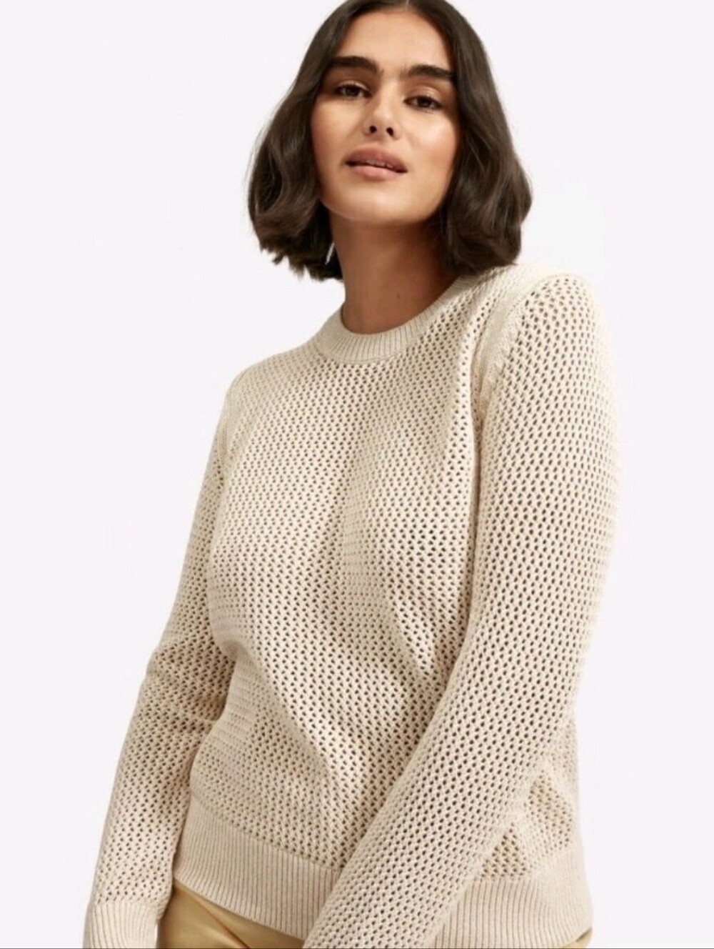 Everlane Mesh Soft Cotton Crew Sweater Tan Small Textured Open Knit Pullover